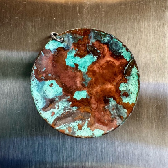 Handmade oxidized copper disc pendant or finding - Picture 1 of 5